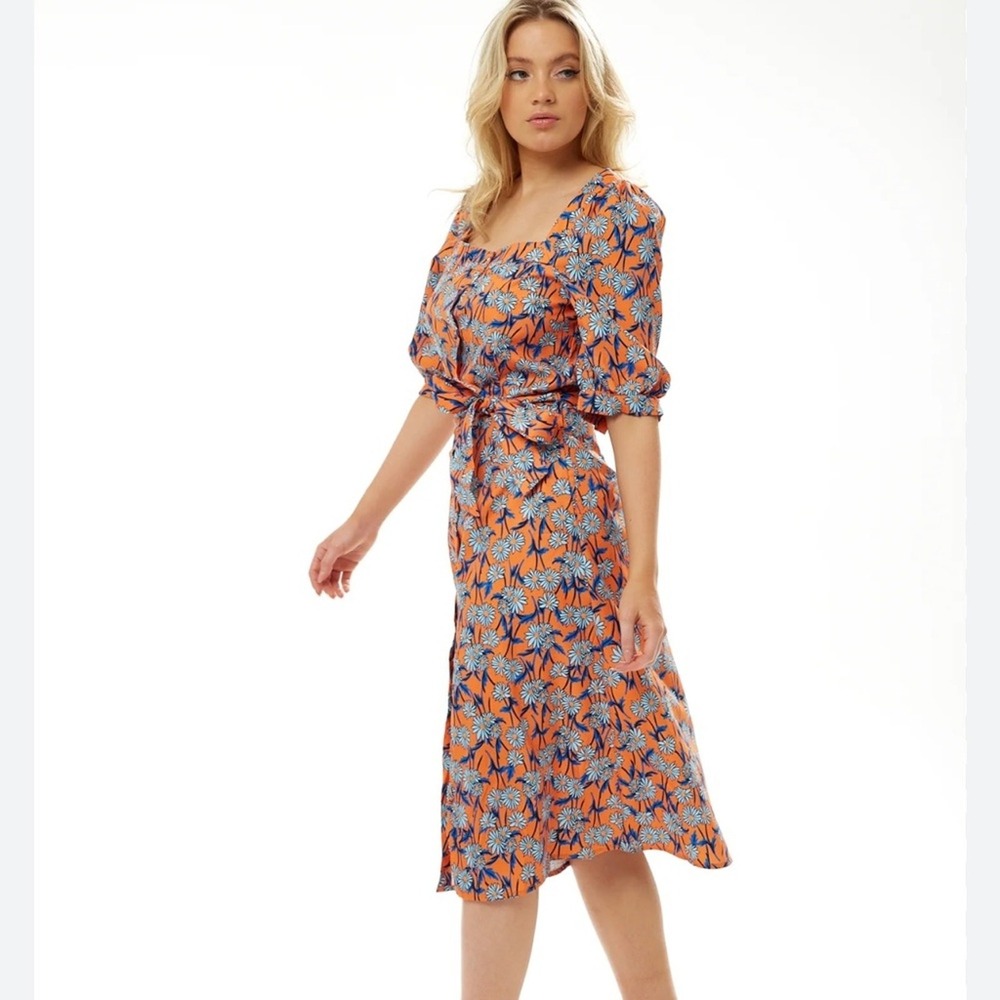 Liquorish NWT SZ 10 Floral Orange & Blue belted midi‎ shirtdress View 3